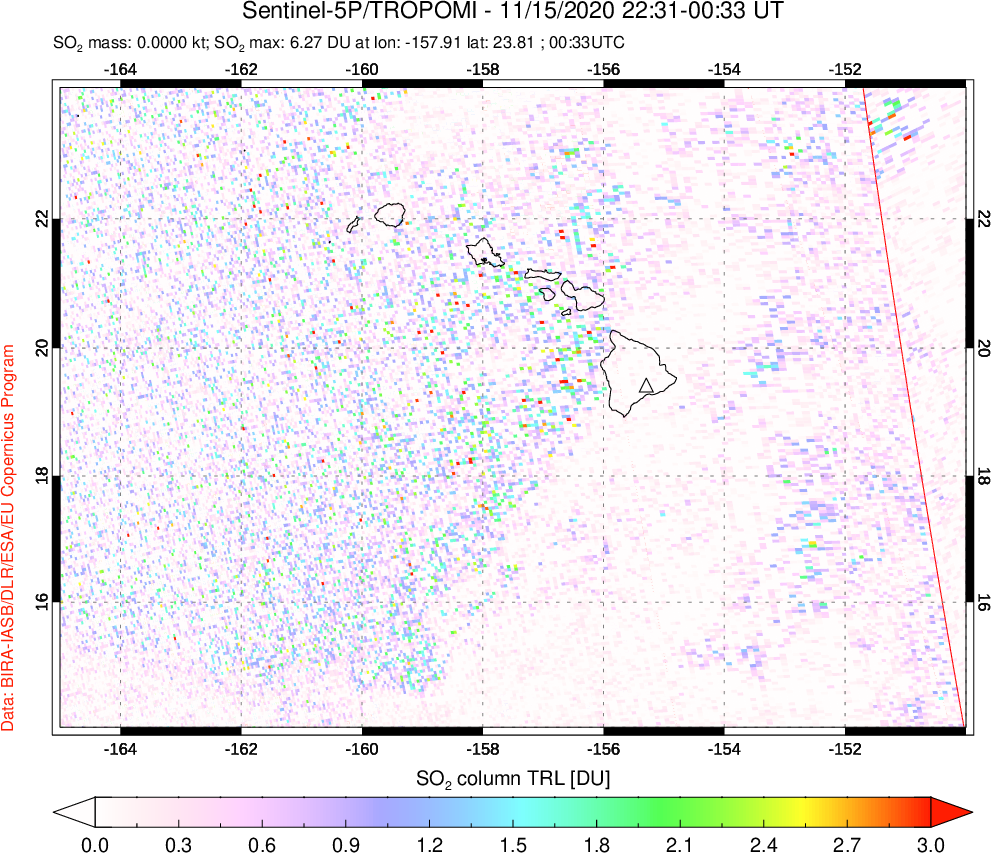 A sulfur dioxide image over Hawaii, USA on Nov 15, 2020.