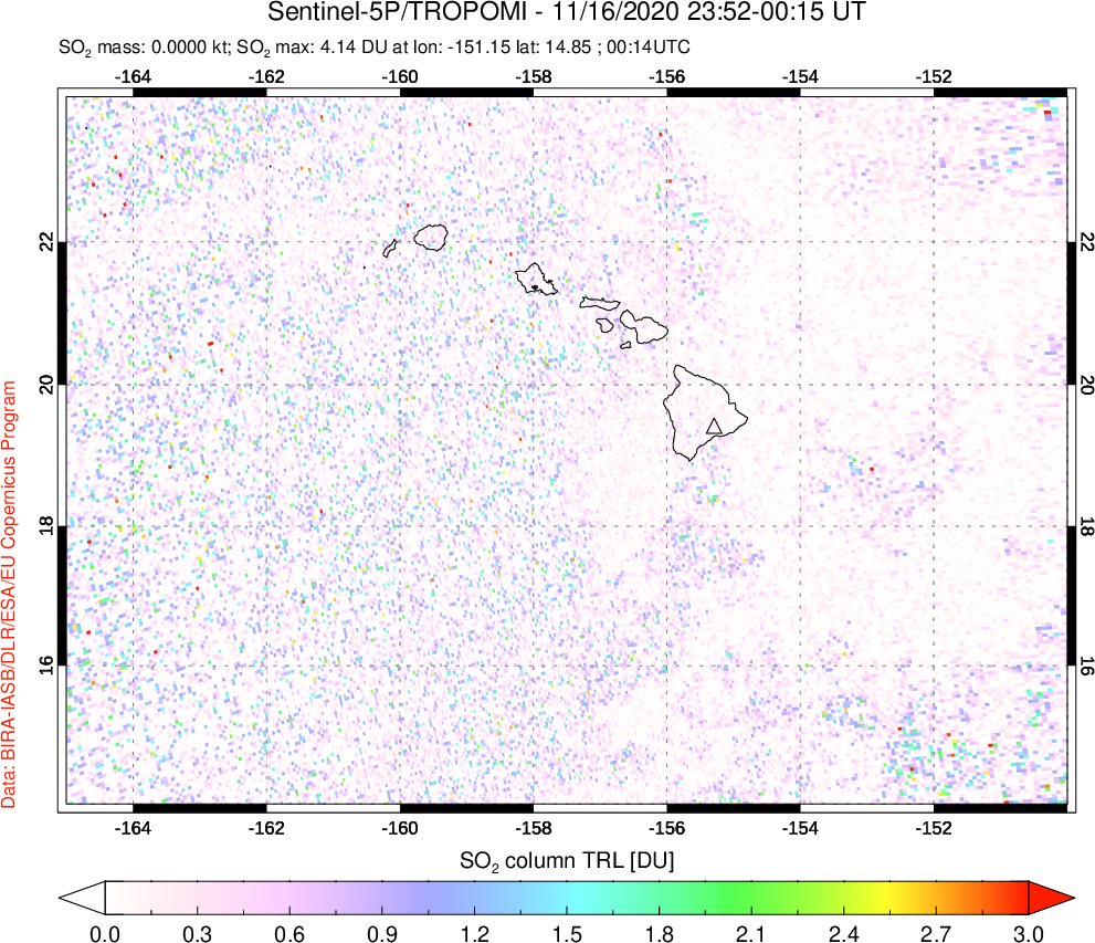 A sulfur dioxide image over Hawaii, USA on Nov 16, 2020.