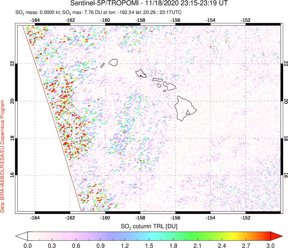 A sulfur dioxide image over Hawaii, USA on Nov 18, 2020.
