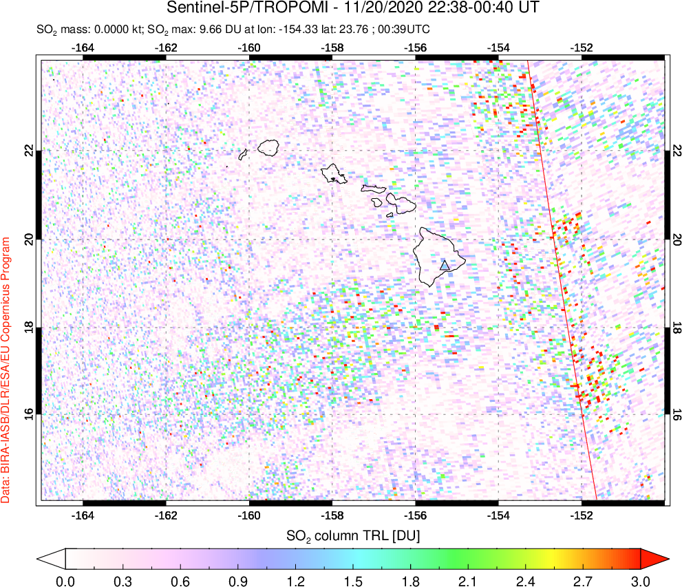 A sulfur dioxide image over Hawaii, USA on Nov 20, 2020.