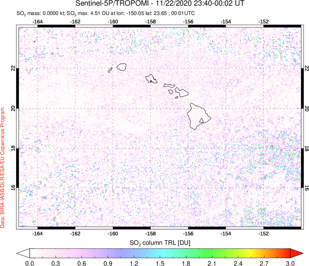A sulfur dioxide image over Hawaii, USA on Nov 22, 2020.