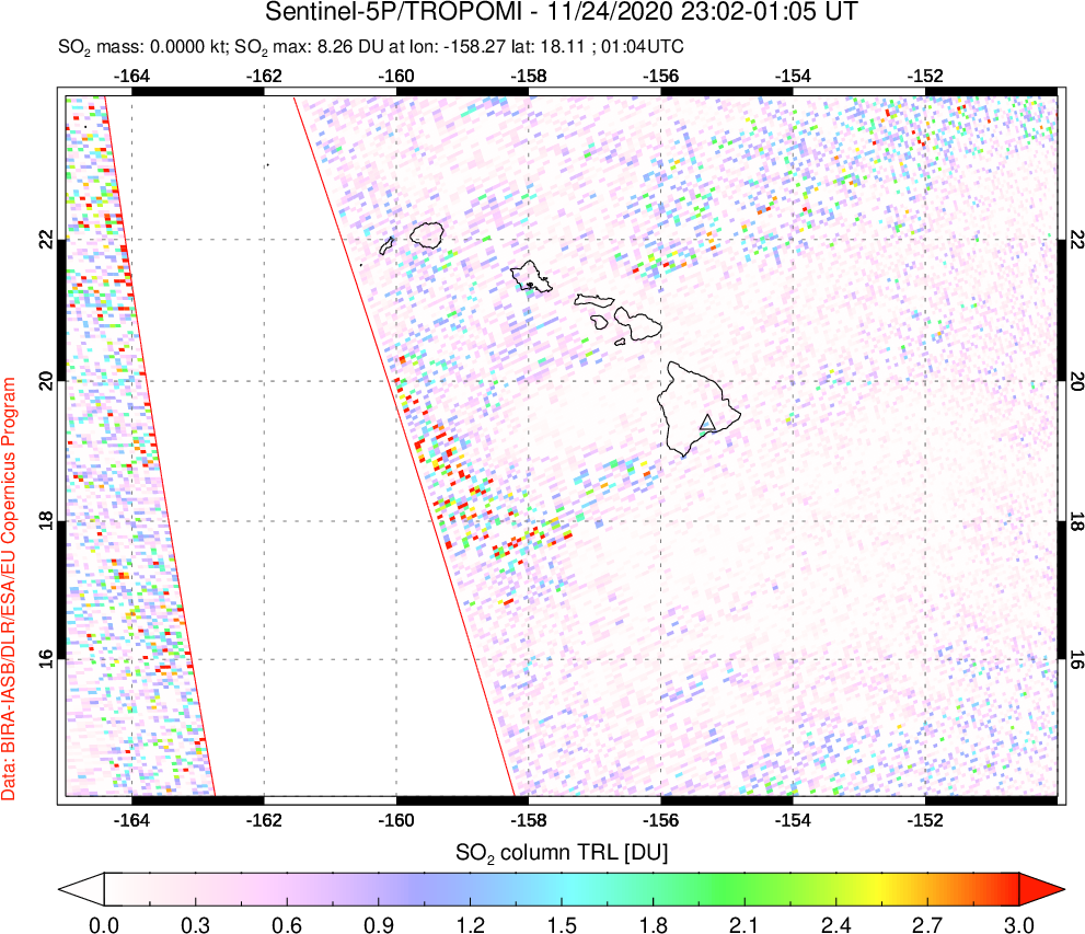 A sulfur dioxide image over Hawaii, USA on Nov 24, 2020.
