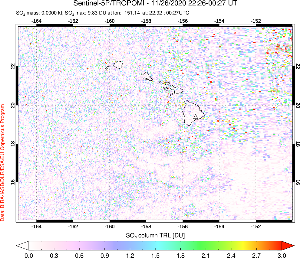 A sulfur dioxide image over Hawaii, USA on Nov 26, 2020.