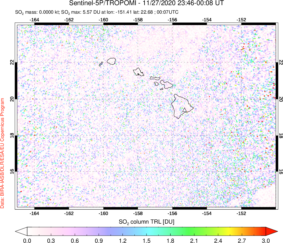 A sulfur dioxide image over Hawaii, USA on Nov 27, 2020.