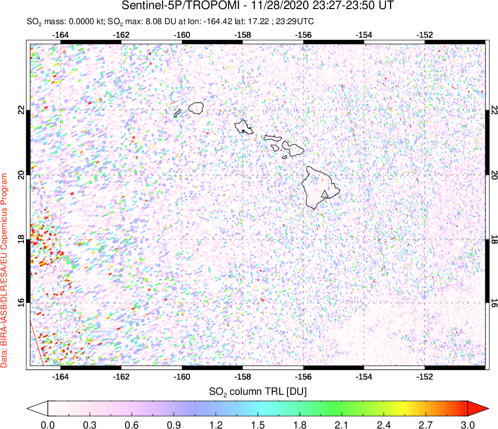 A sulfur dioxide image over Hawaii, USA on Nov 28, 2020.