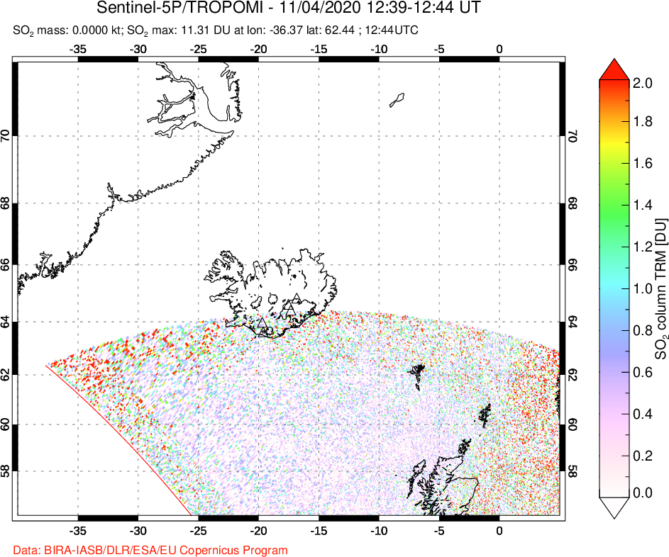 A sulfur dioxide image over Iceland on Nov 04, 2020.
