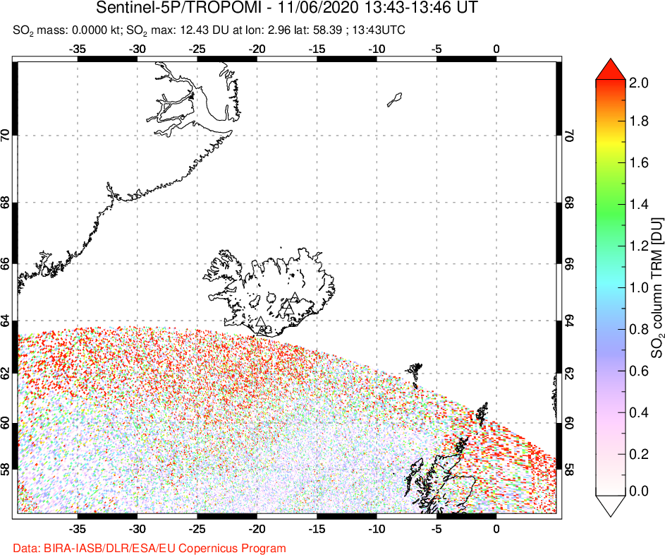 A sulfur dioxide image over Iceland on Nov 06, 2020.