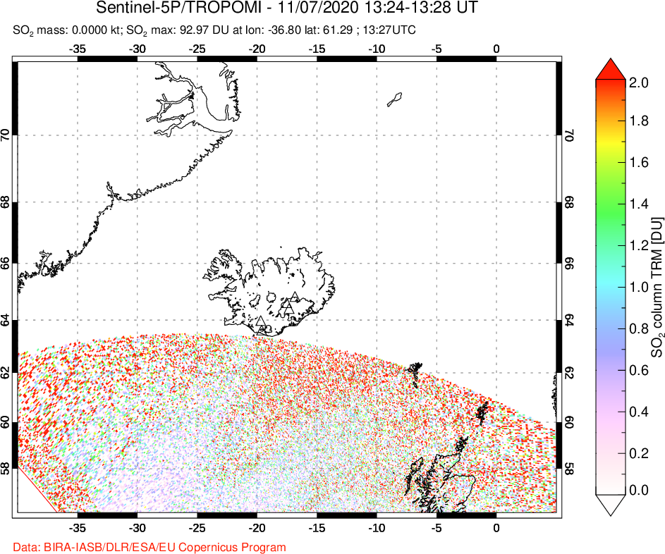 A sulfur dioxide image over Iceland on Nov 07, 2020.