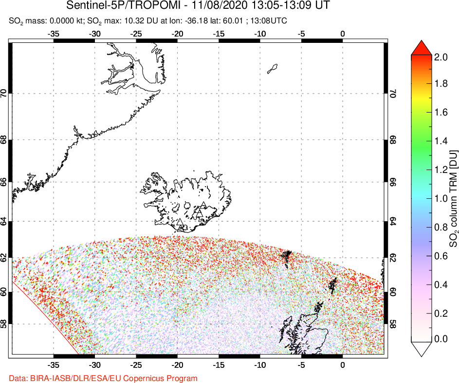 A sulfur dioxide image over Iceland on Nov 08, 2020.