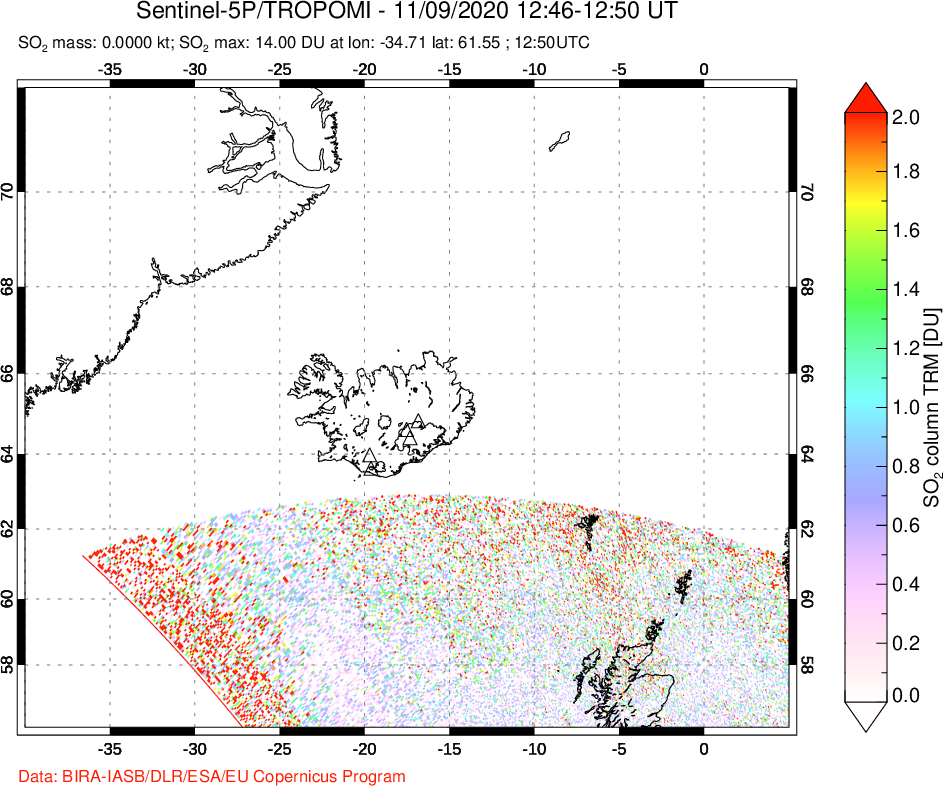 A sulfur dioxide image over Iceland on Nov 09, 2020.