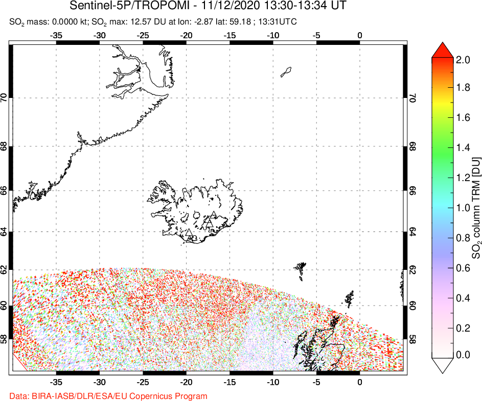 A sulfur dioxide image over Iceland on Nov 12, 2020.