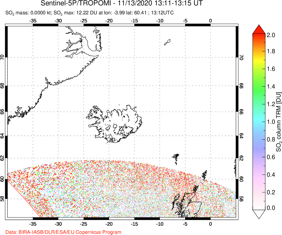 A sulfur dioxide image over Iceland on Nov 13, 2020.