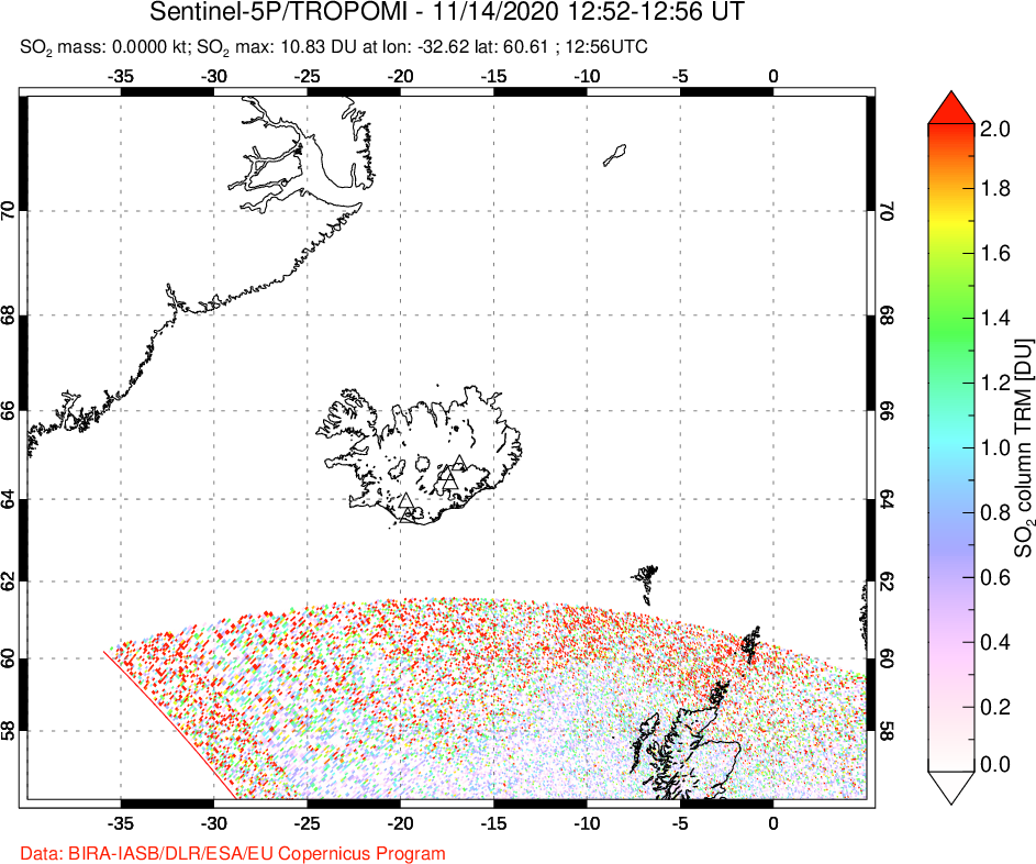 A sulfur dioxide image over Iceland on Nov 14, 2020.