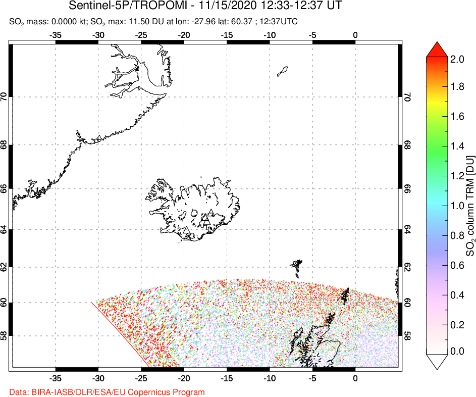 A sulfur dioxide image over Iceland on Nov 15, 2020.