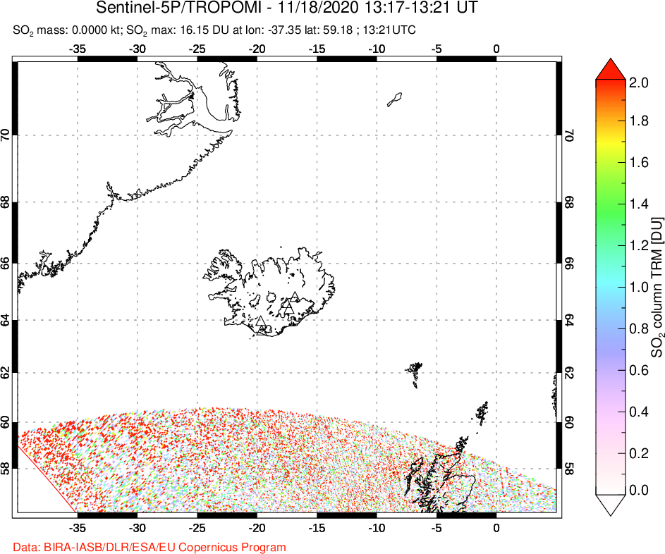 A sulfur dioxide image over Iceland on Nov 18, 2020.