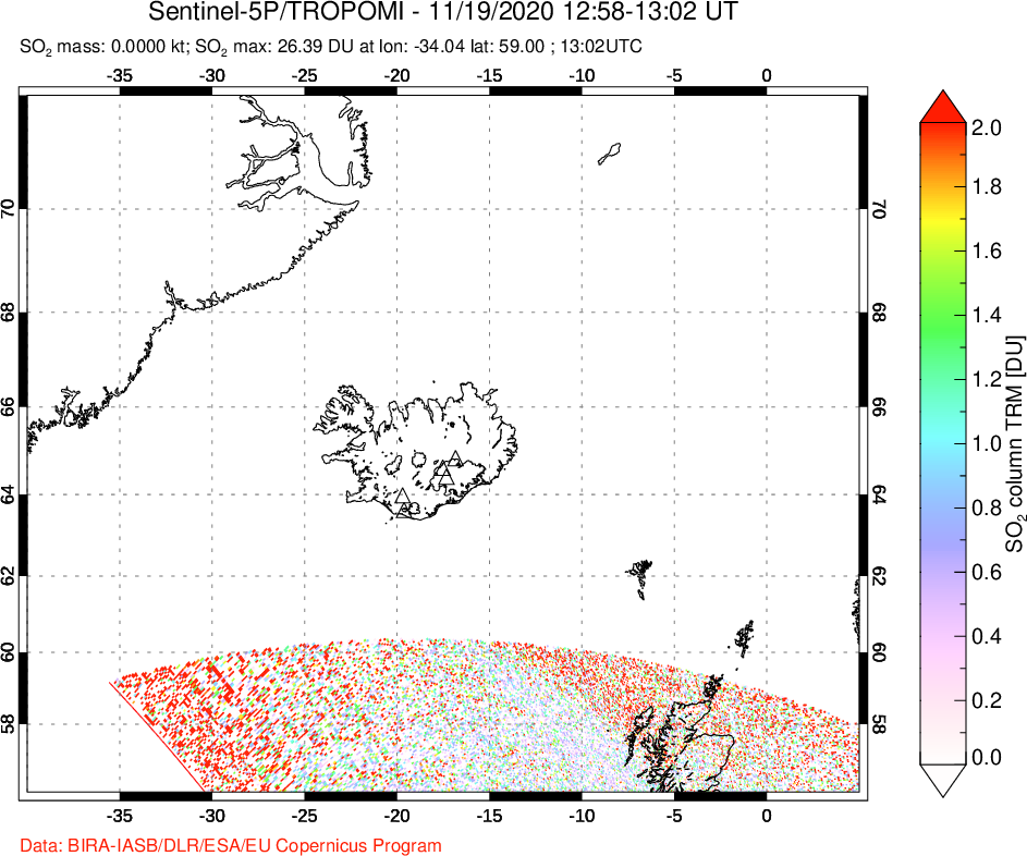 A sulfur dioxide image over Iceland on Nov 19, 2020.