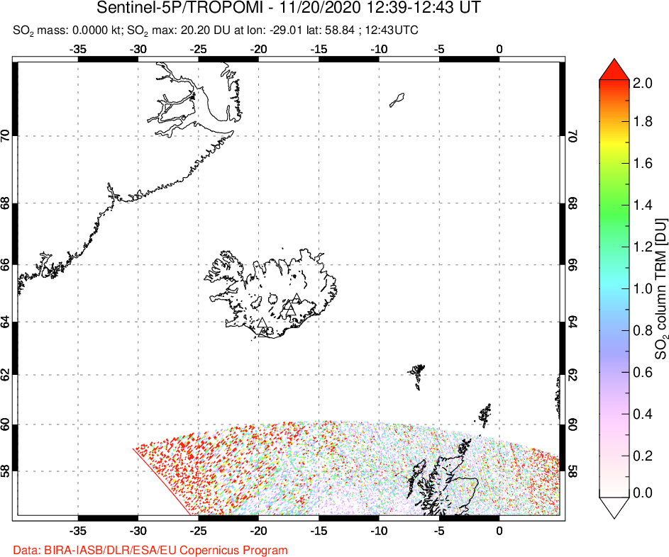 A sulfur dioxide image over Iceland on Nov 20, 2020.