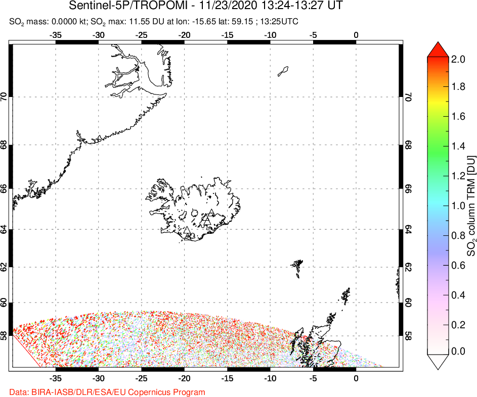 A sulfur dioxide image over Iceland on Nov 23, 2020.