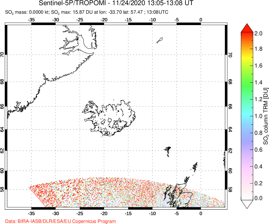 A sulfur dioxide image over Iceland on Nov 24, 2020.