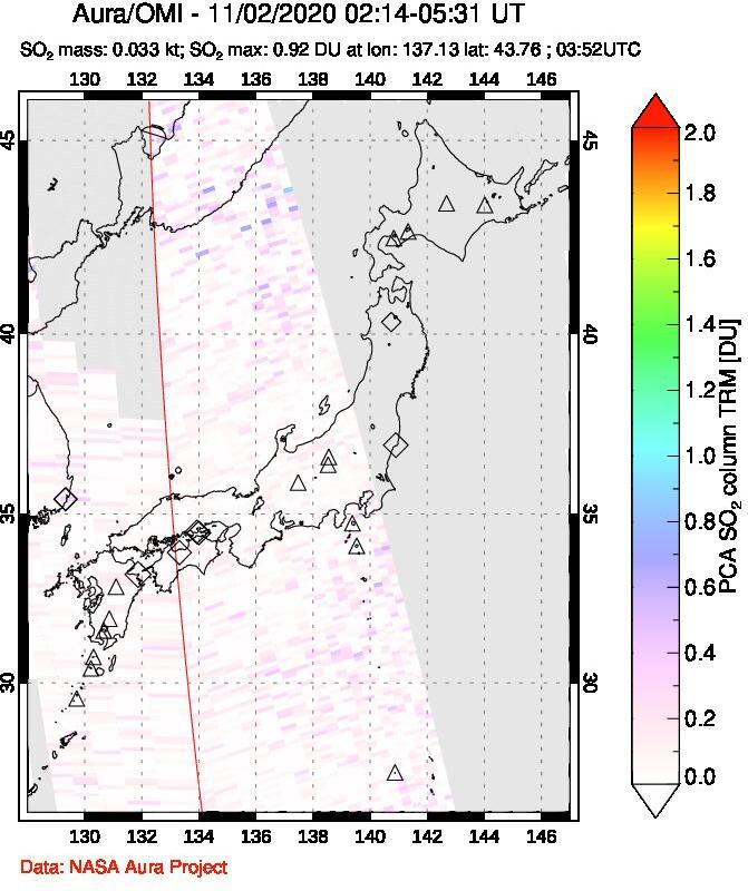 A sulfur dioxide image over Japan on Nov 02, 2020.