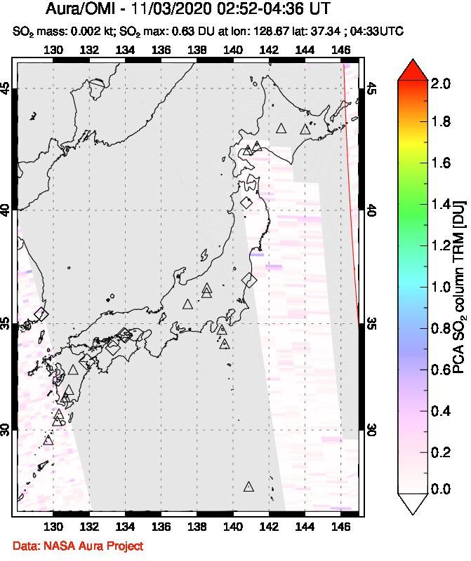A sulfur dioxide image over Japan on Nov 03, 2020.