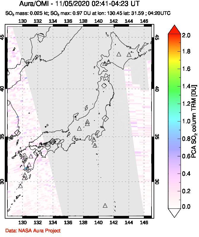 A sulfur dioxide image over Japan on Nov 05, 2020.