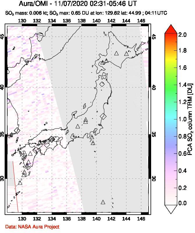 A sulfur dioxide image over Japan on Nov 07, 2020.