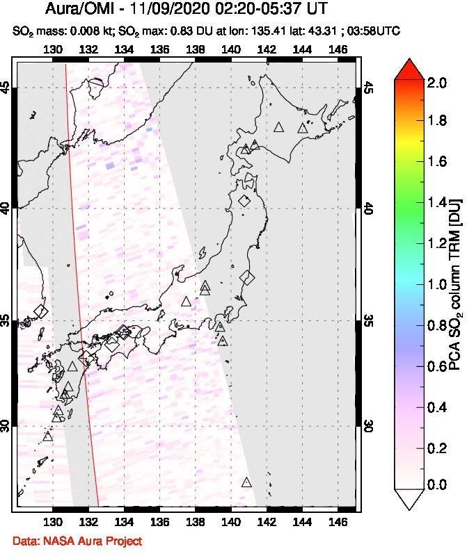 A sulfur dioxide image over Japan on Nov 09, 2020.