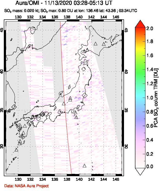 A sulfur dioxide image over Japan on Nov 13, 2020.