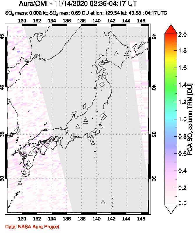 A sulfur dioxide image over Japan on Nov 14, 2020.