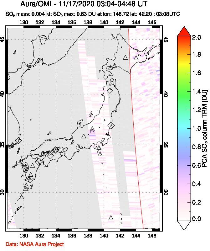 A sulfur dioxide image over Japan on Nov 17, 2020.