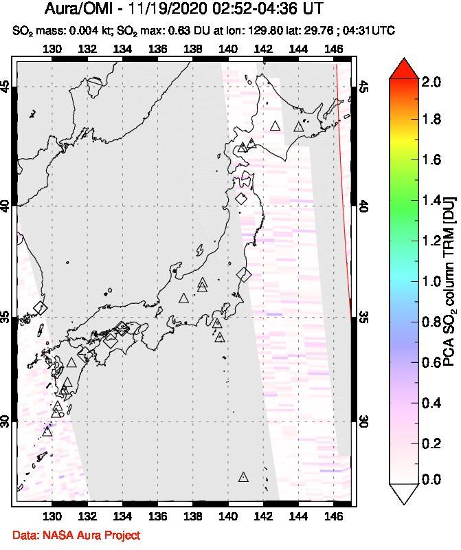 A sulfur dioxide image over Japan on Nov 19, 2020.