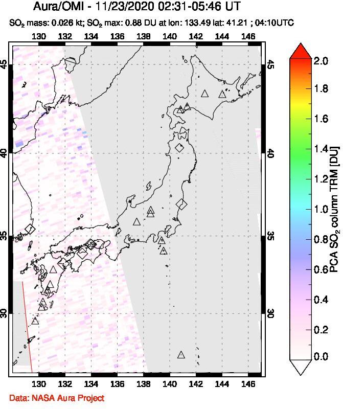 A sulfur dioxide image over Japan on Nov 23, 2020.