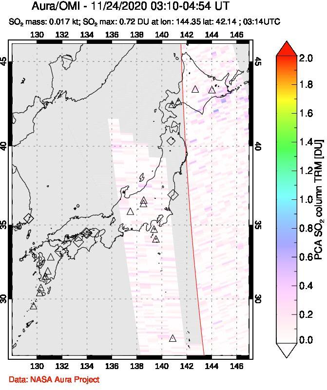A sulfur dioxide image over Japan on Nov 24, 2020.
