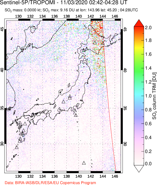 A sulfur dioxide image over Japan on Nov 03, 2020.