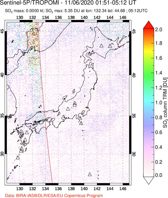 A sulfur dioxide image over Japan on Nov 06, 2020.