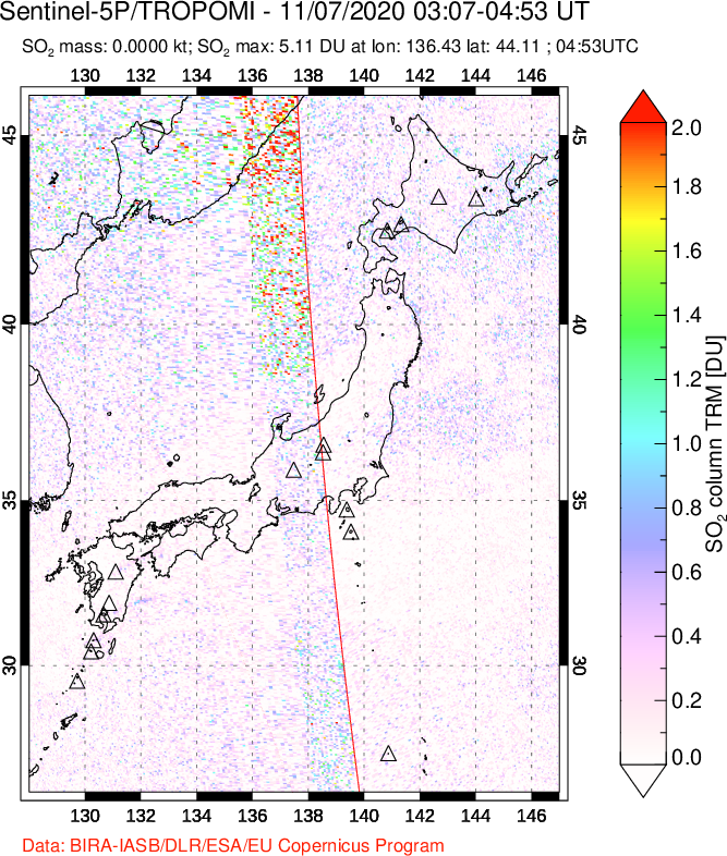 A sulfur dioxide image over Japan on Nov 07, 2020.