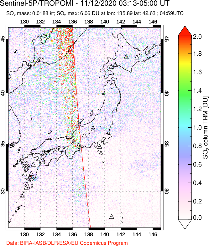 A sulfur dioxide image over Japan on Nov 12, 2020.