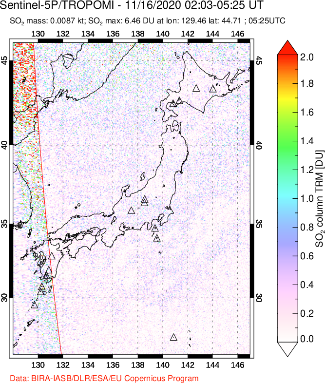 A sulfur dioxide image over Japan on Nov 16, 2020.