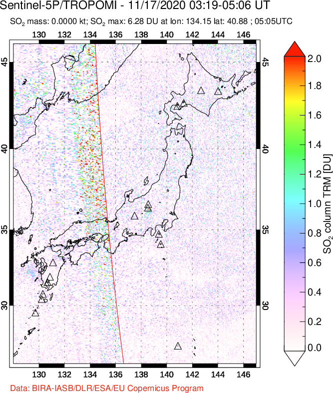 A sulfur dioxide image over Japan on Nov 17, 2020.