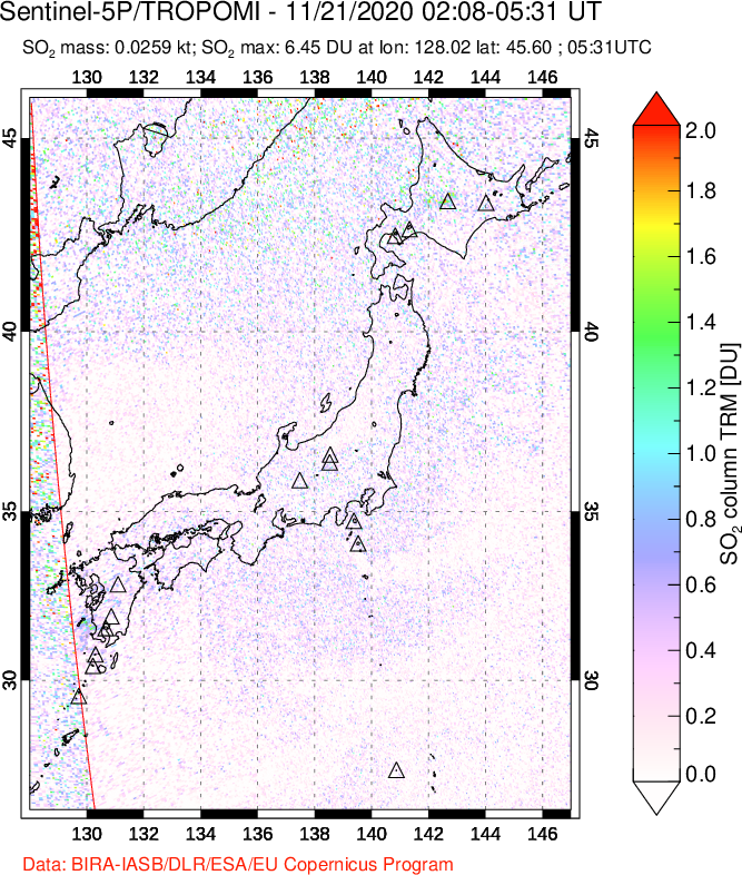 A sulfur dioxide image over Japan on Nov 21, 2020.