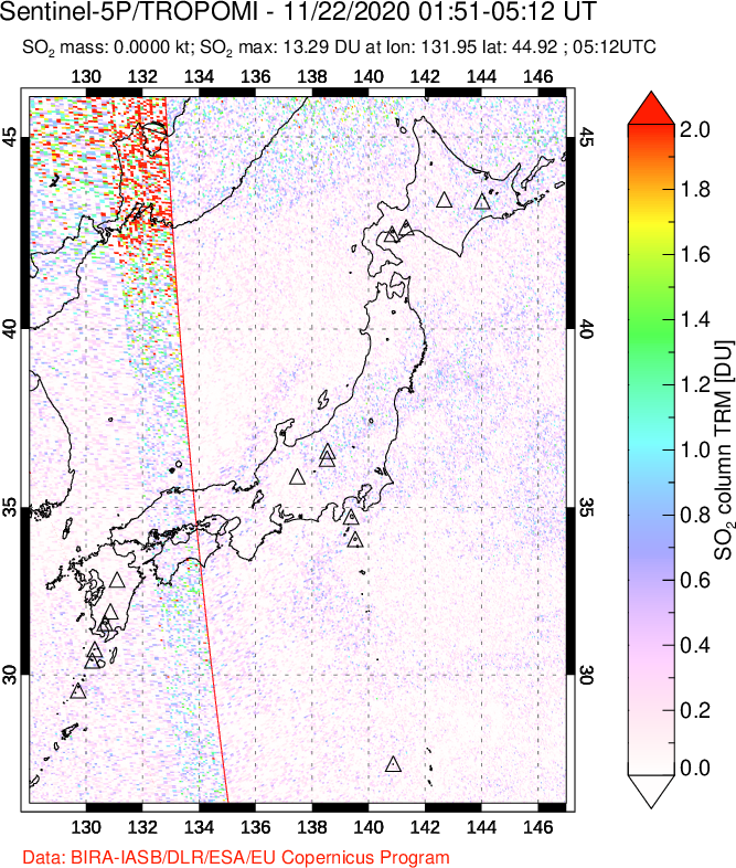 A sulfur dioxide image over Japan on Nov 22, 2020.