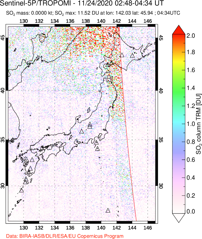 A sulfur dioxide image over Japan on Nov 24, 2020.