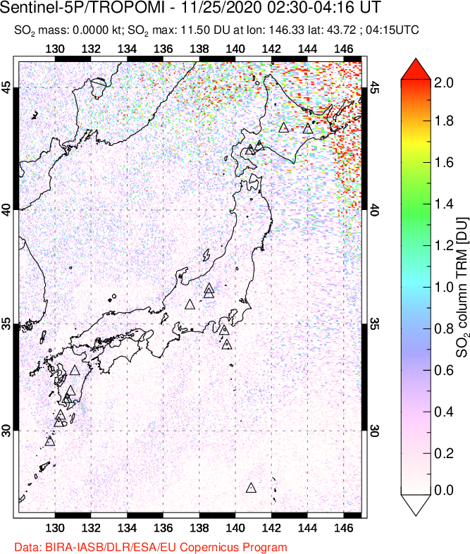 A sulfur dioxide image over Japan on Nov 25, 2020.
