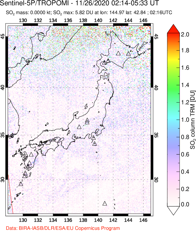 A sulfur dioxide image over Japan on Nov 26, 2020.