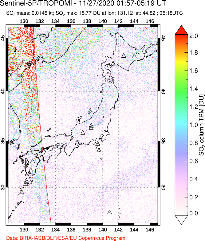 A sulfur dioxide image over Japan on Nov 27, 2020.