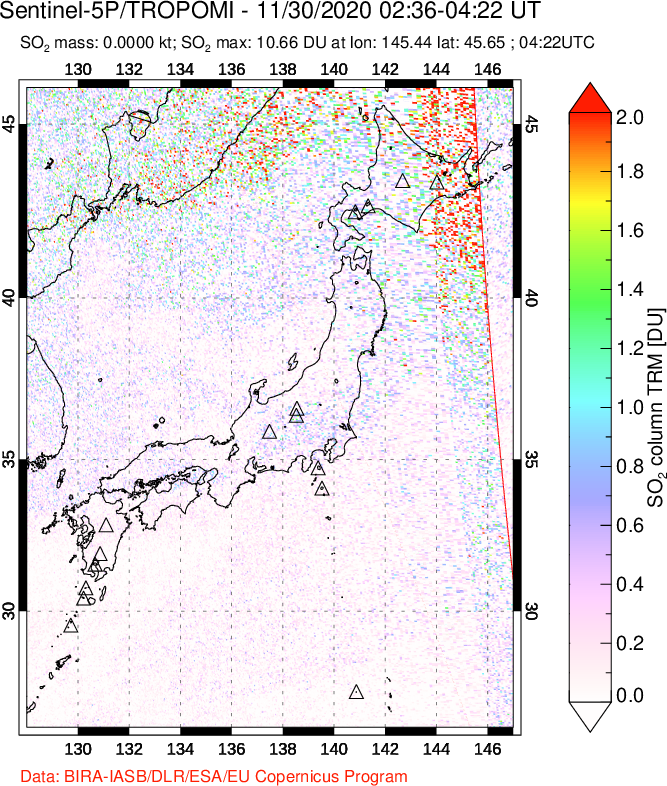 A sulfur dioxide image over Japan on Nov 30, 2020.