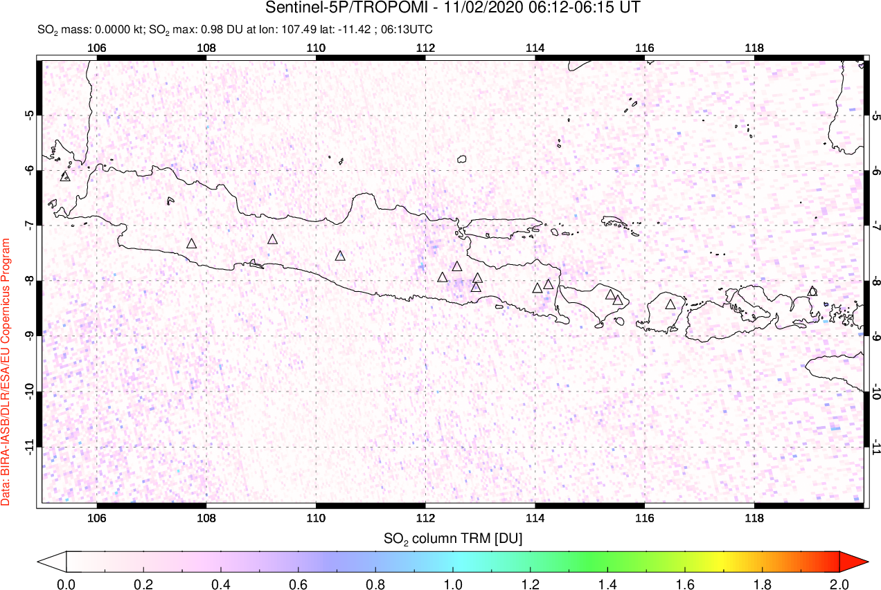 A sulfur dioxide image over Java, Indonesia on Nov 02, 2020.