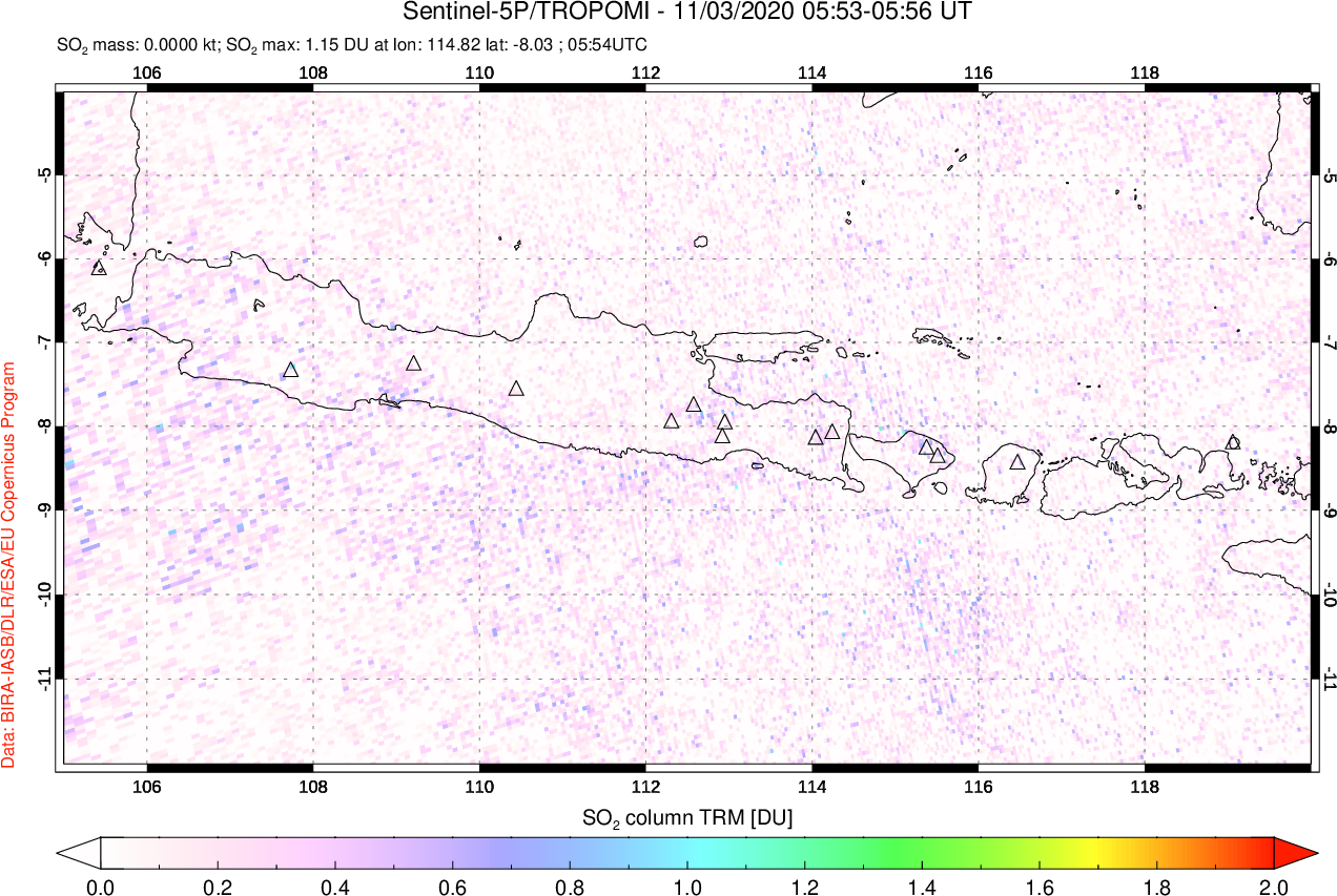 A sulfur dioxide image over Java, Indonesia on Nov 03, 2020.