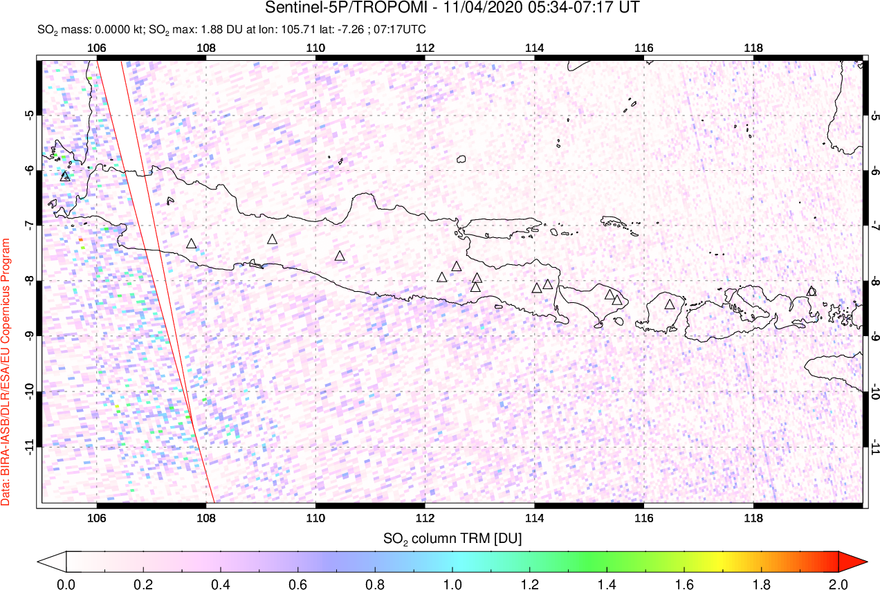 A sulfur dioxide image over Java, Indonesia on Nov 04, 2020.